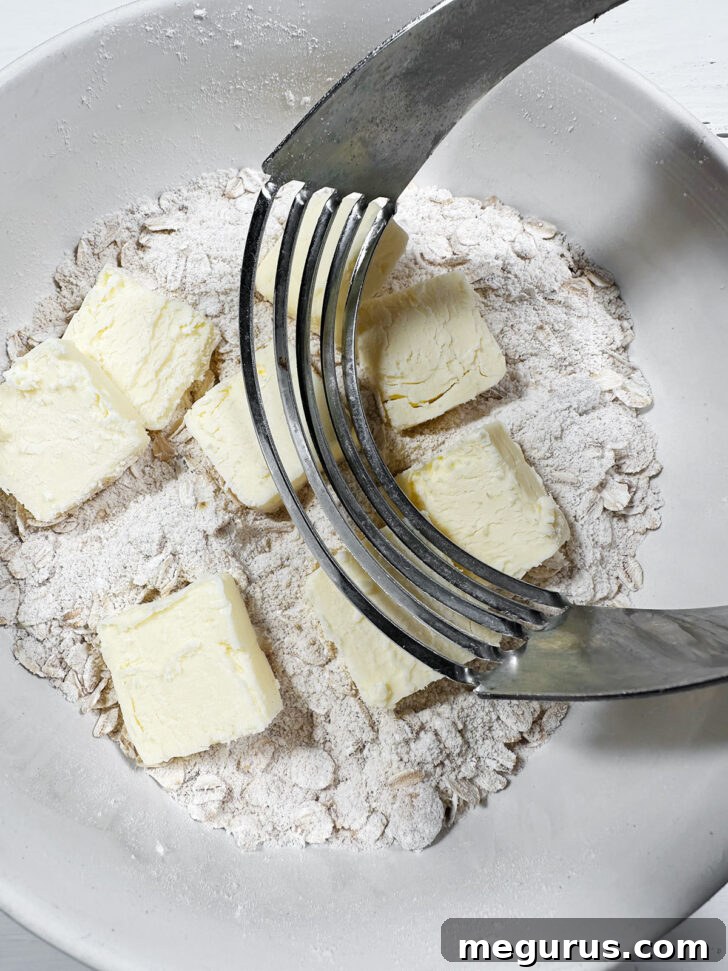 Using a pastry cutter to cut cold butter into the flour and oat mixture.