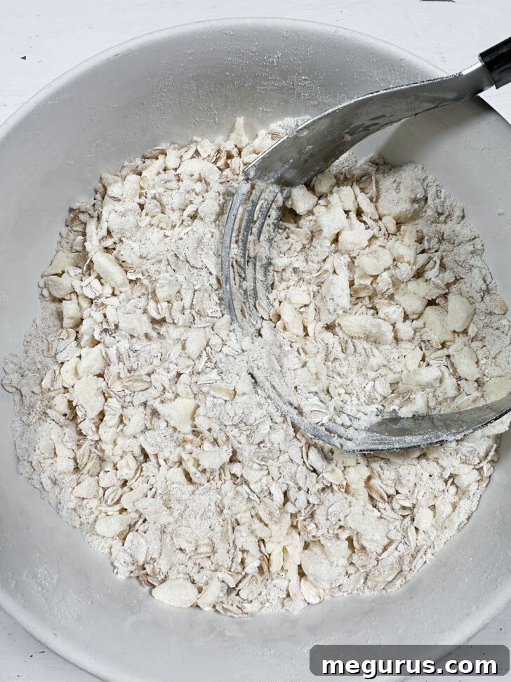 Close-up of the flour and butter mixture with pea-sized butter pieces.