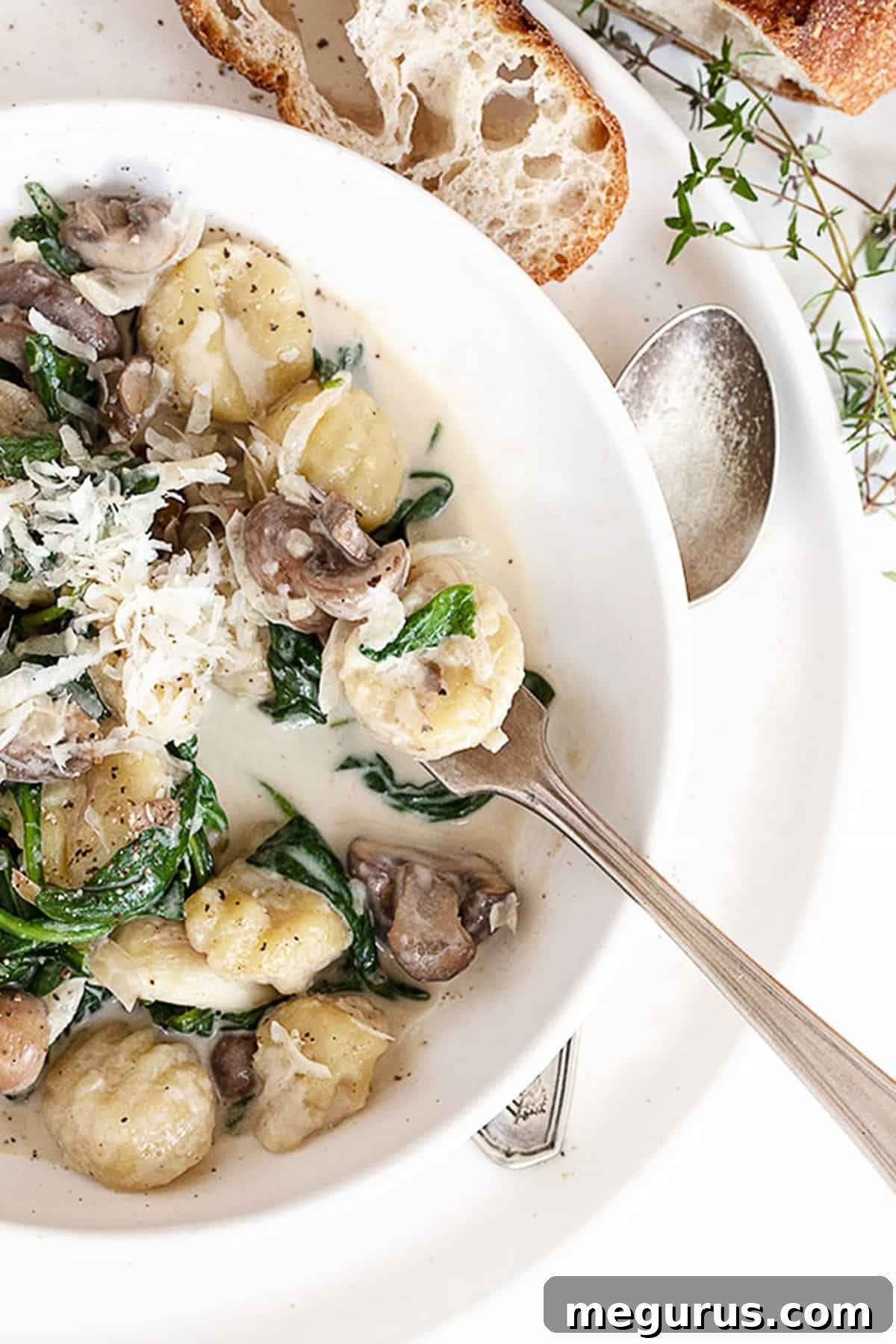 Close-up shot of creamy gnocchi with mushrooms and spinach in a white bowl, garnished with fresh herbs