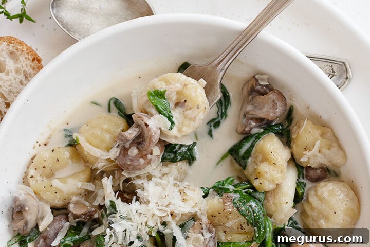 gnocchi with mushrooms and spinach in bowl with fork
