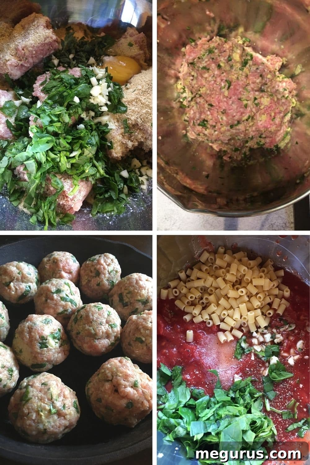 Photo collage showing steps for mixing pork meatball ingredients and stuffing with cheese.
