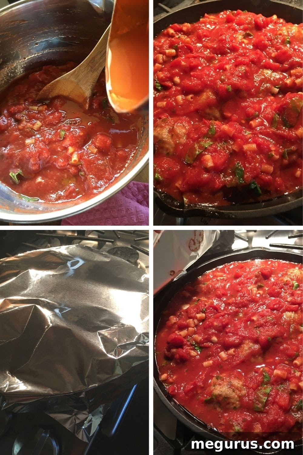 Photo collage showing steps for mixing tomato sauce ingredients in a bowl.