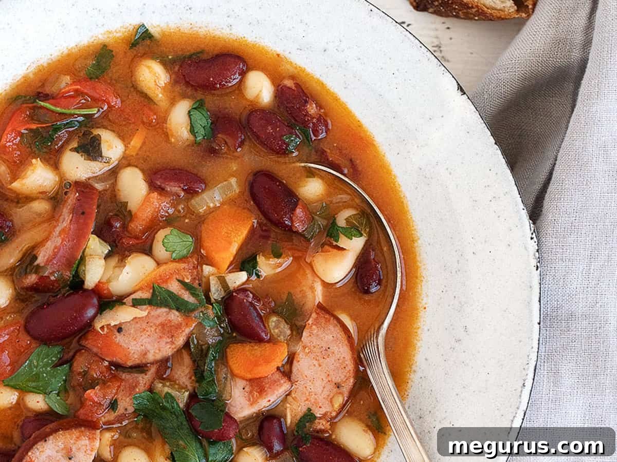Hungarian bean and kielbassa soup from overhead