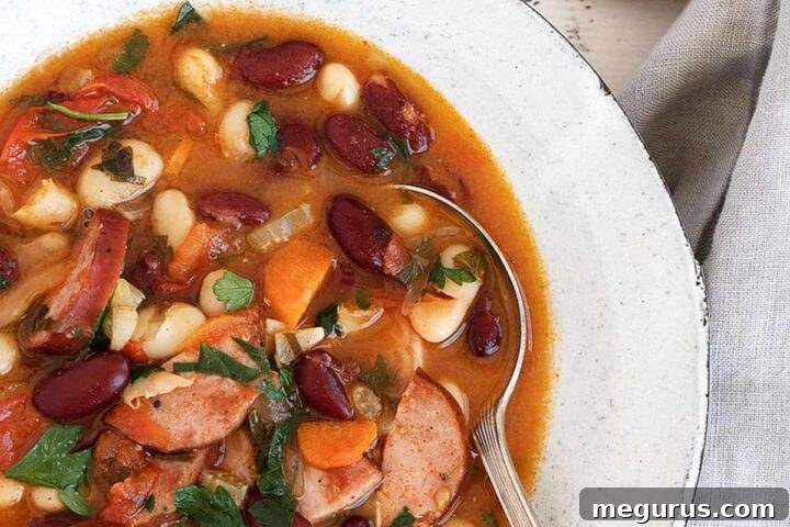 Hungarian bean and kielbassa soup from overhead