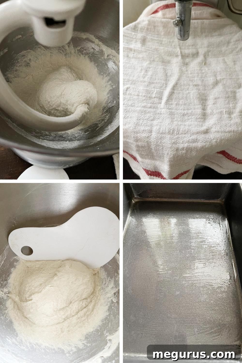 A photo collage illustrating the process of mixing and preparing Detroit style pizza dough, showing its wet consistency.