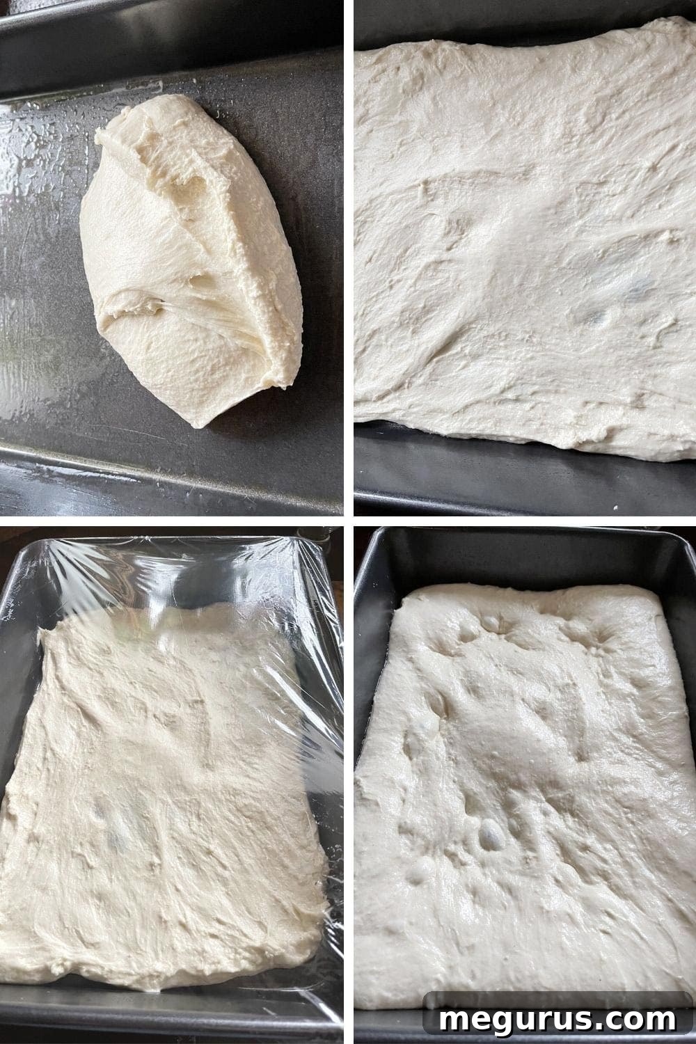 A photo collage showing the process of spreading the wet Detroit pizza dough into a pan and letting it rise significantly.