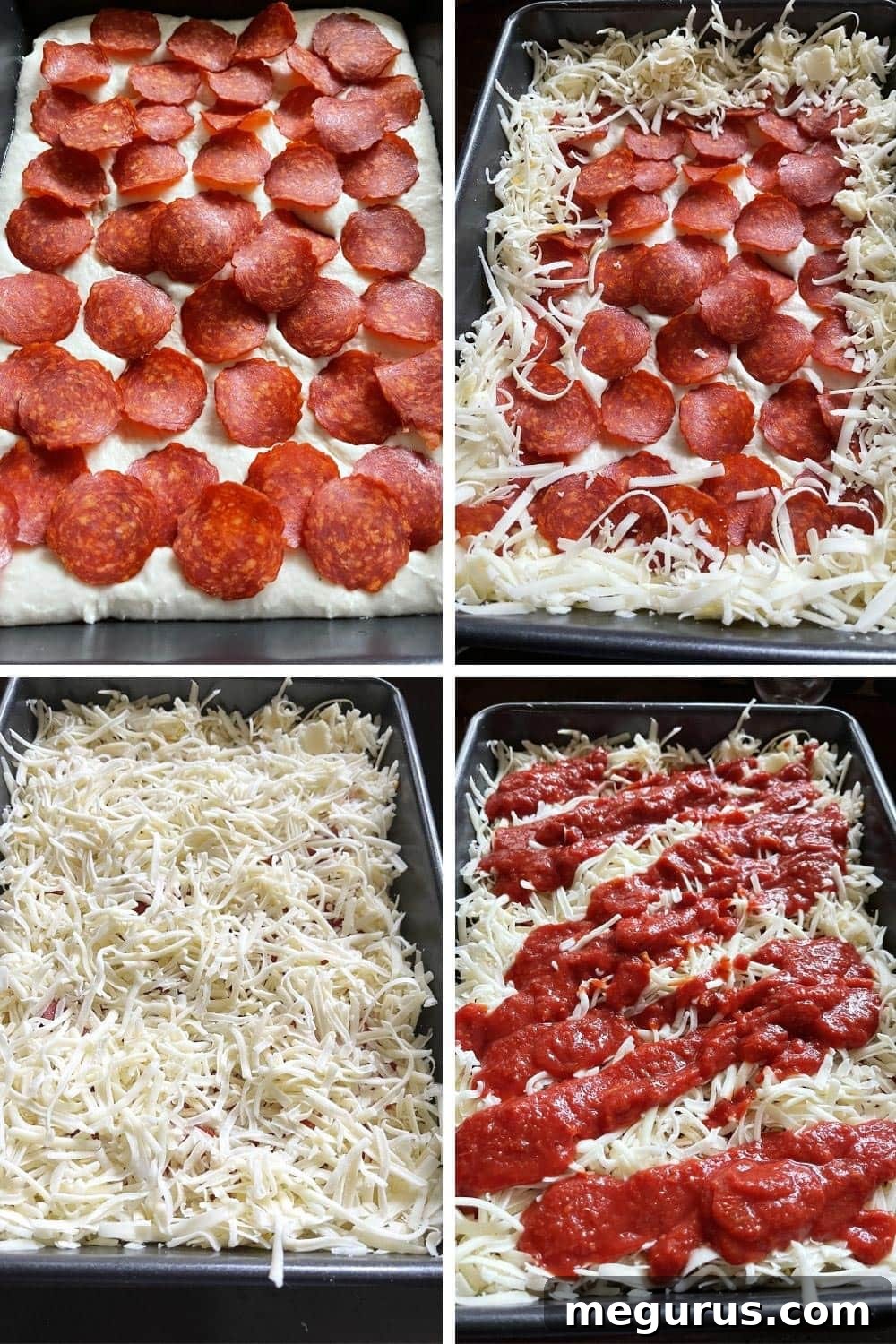 A photo collage demonstrating the topping process of Detroit style pizza, showing layers of pepperoni, cheese, and sauce.