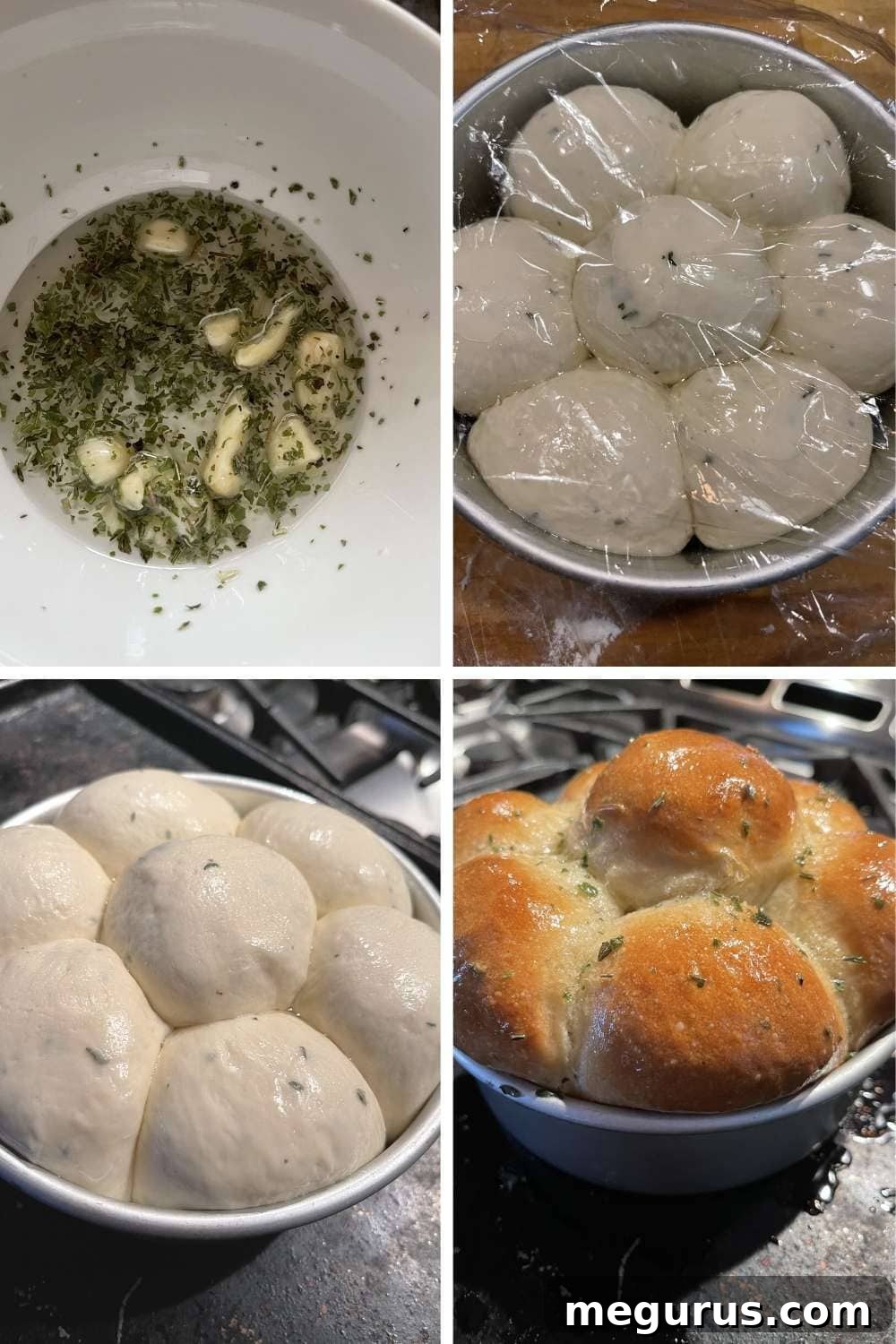 Collage of step-by-step process for making herb and garlic pull apart rolls