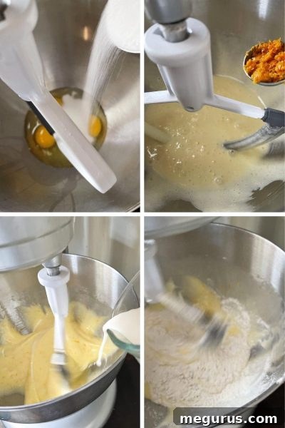 Photo collage showing initial steps of mixing orange drizzle cake batter.
