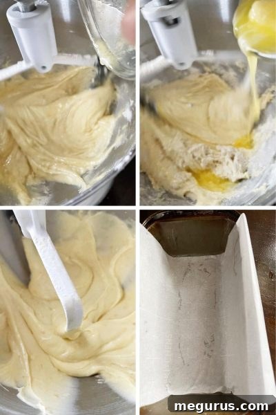 Photo showing the finished batter being poured into a prepared baking pan.