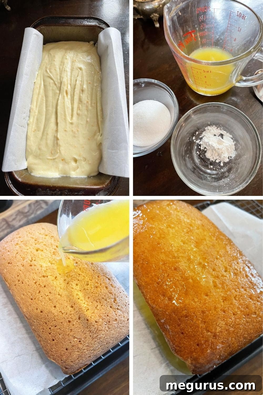 Photo showing batter in pan and ingredients for orange drizzle glaze.