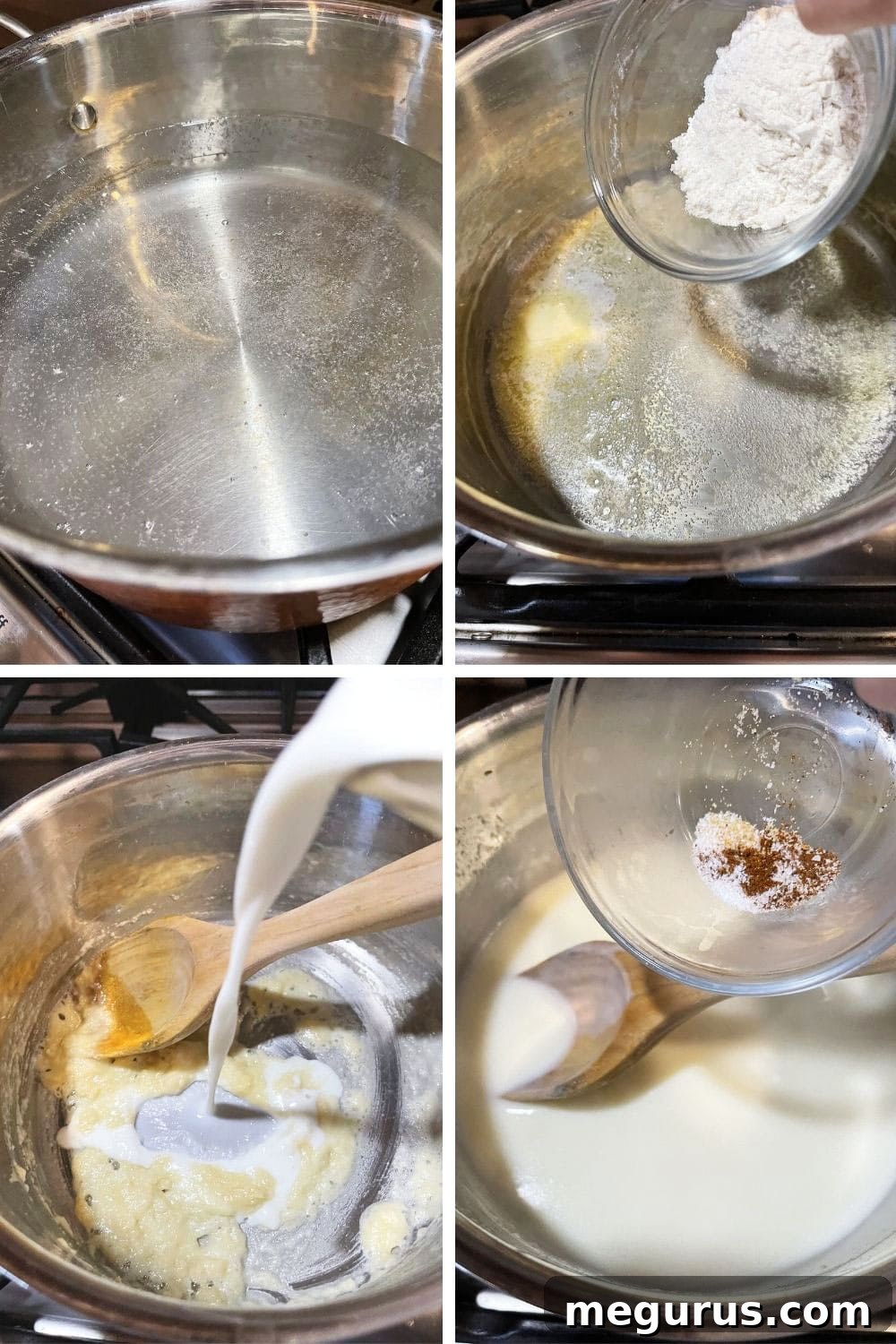 Photo collage showing the initial steps of boiling pasta and preparing the cheese sauce base for the pasta with cheese and tomatoes recipe