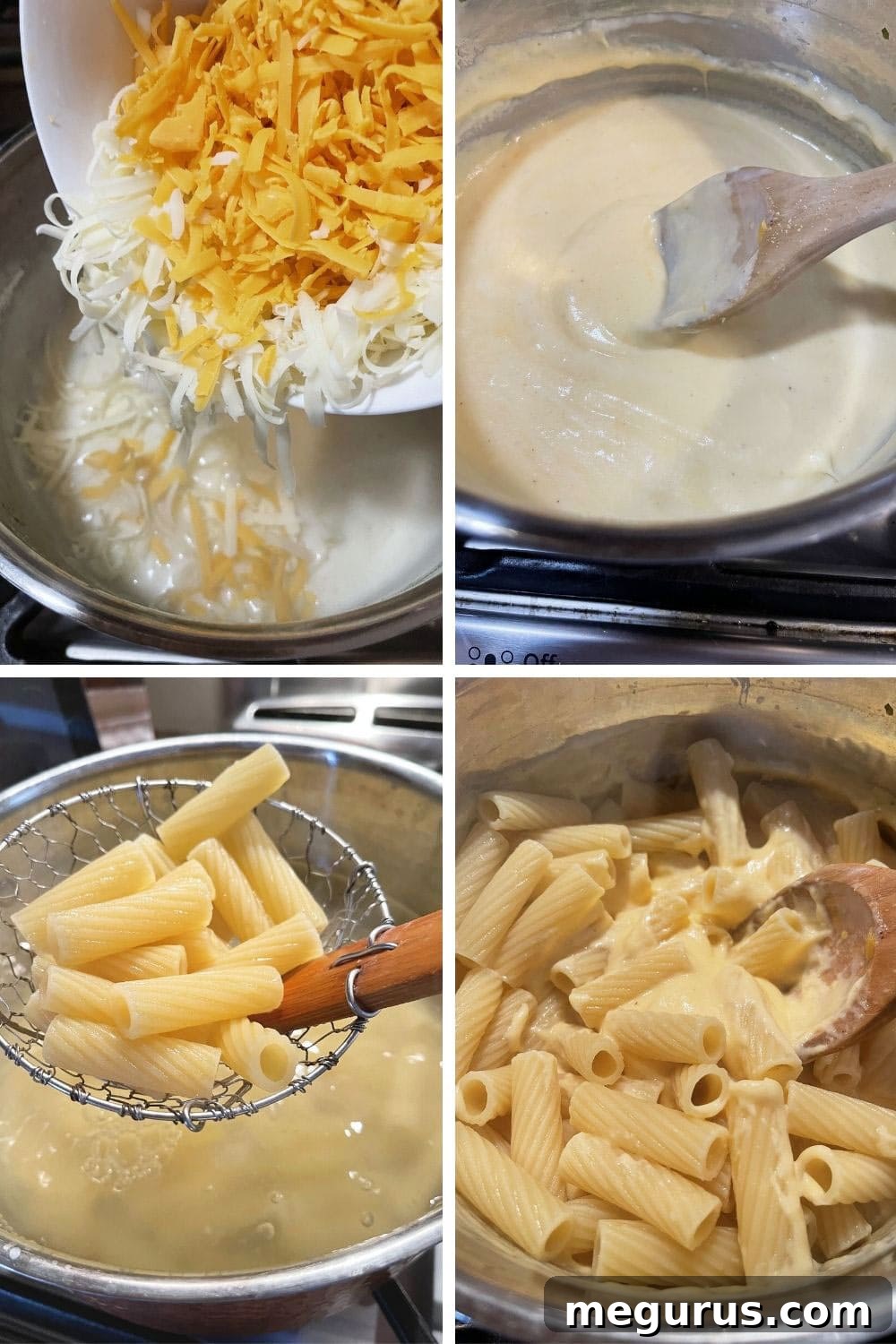 Photo collage illustrating the process of adding cheese to the sauce and combining it with pasta and tomatoes