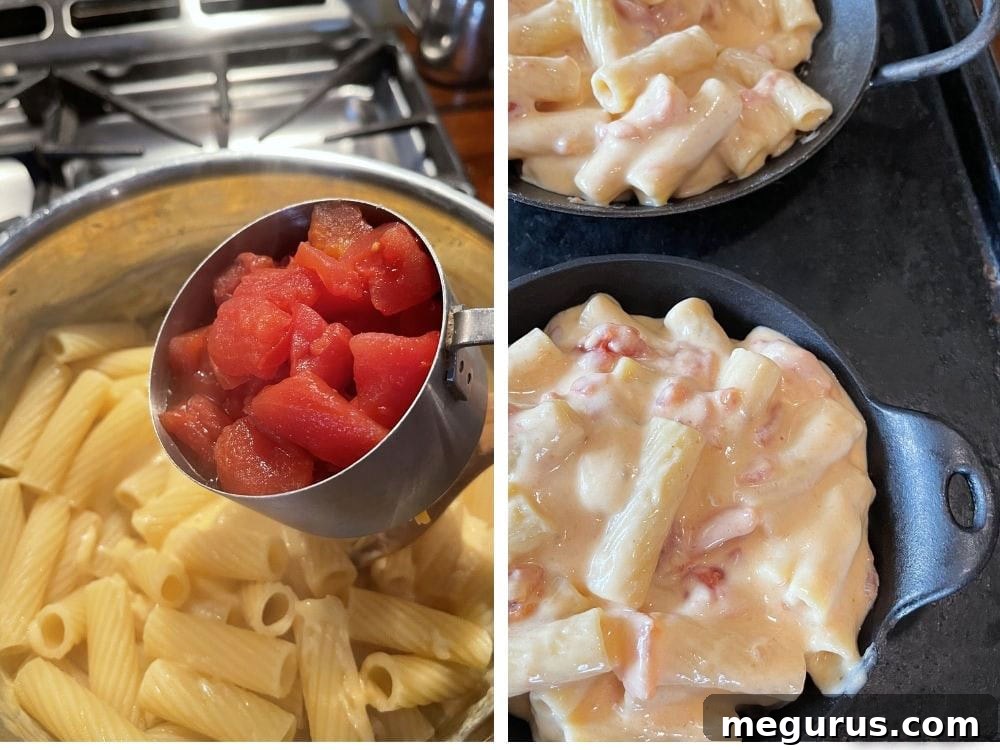 Close-up photo of the creamy pasta with cheese and tomatoes mixture in a pot before baking