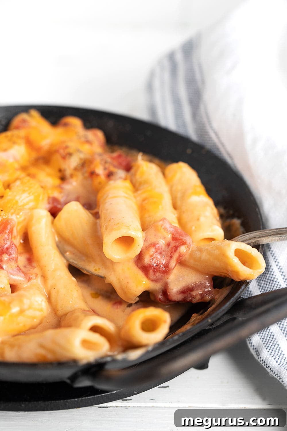 A close-up shot of the finished pasta with cheese sauce and tomatoes in a serving bowl, garnished with fresh herbs