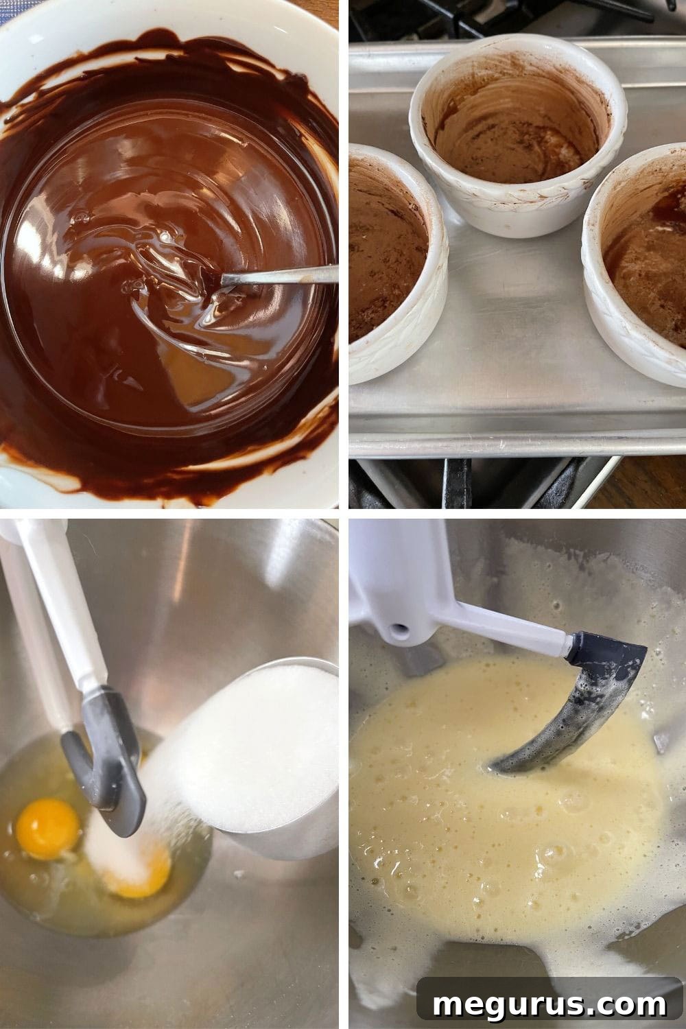 A visual step-by-step guide illustrating the process of making delicious chocolate raspberry cakes, from melting chocolate to mixing batter.