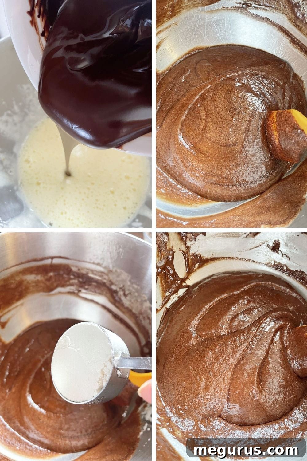 Photo collage showcasing the critical stages of mixing the molten chocolate cake batter and preparing the raspberry filling.