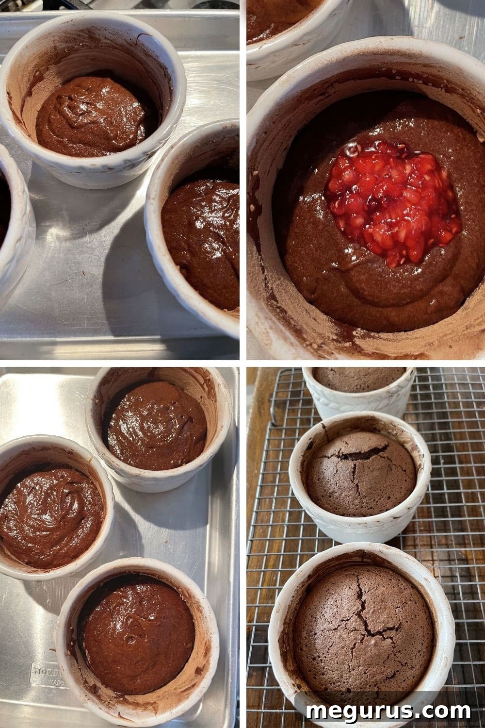 A series of images demonstrating the final steps of assembling and baking chocolate raspberry lava cakes, ensuring a perfect molten center.