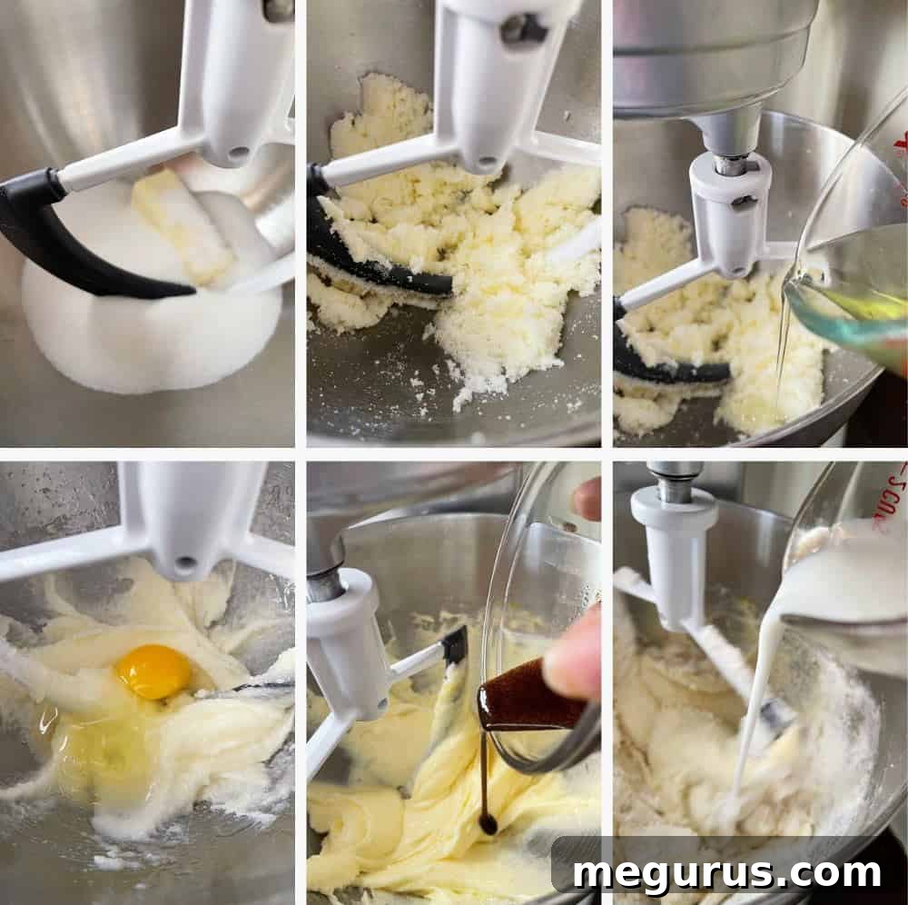 Photo collage showing initial steps of making buttermilk blueberry muffin batter, including creaming butter and sugar.