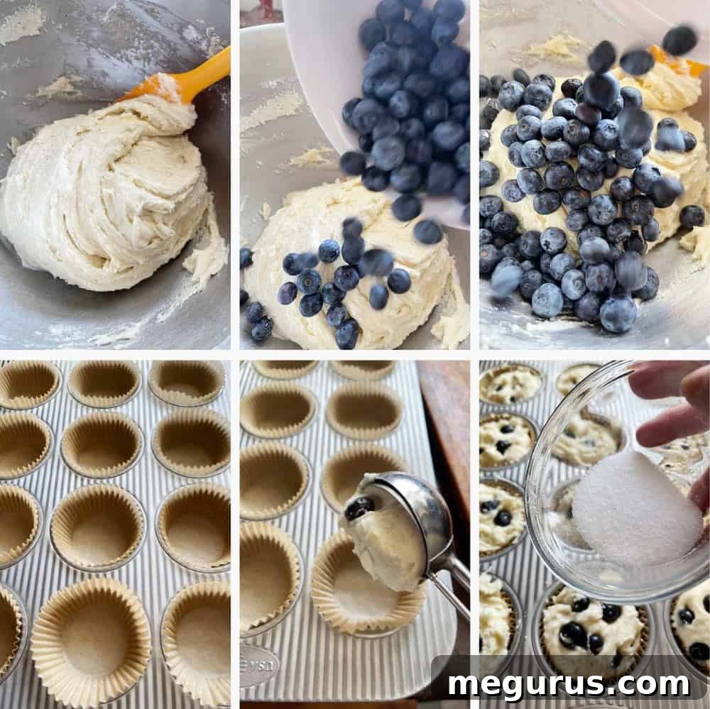 Photo collage illustrating the final steps of mixing buttermilk blueberry muffin batter and preparing for baking.