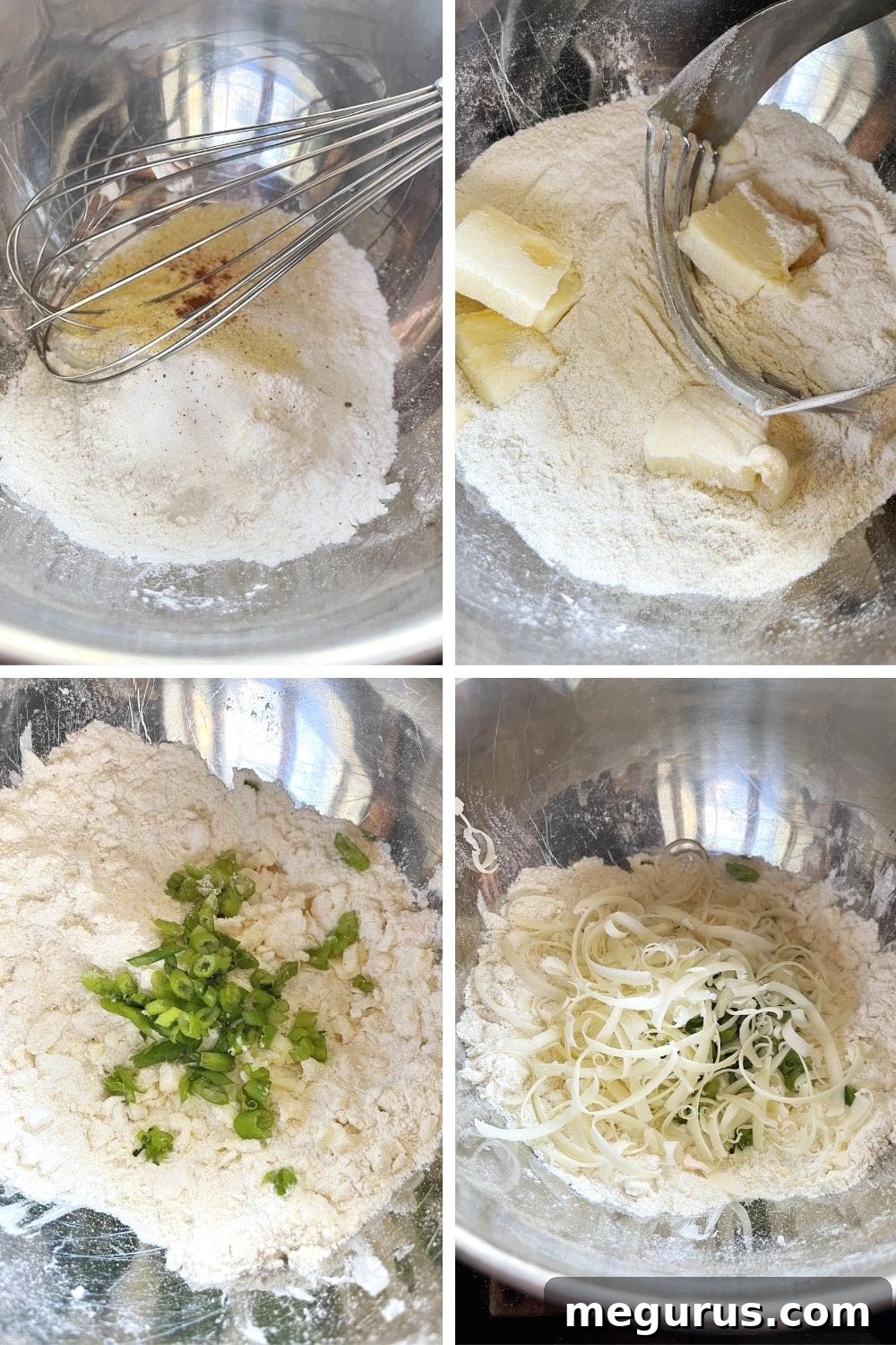 Visual steps: mixing dry ingredients, cutting in cold butter for cornmeal cheddar biscuits.