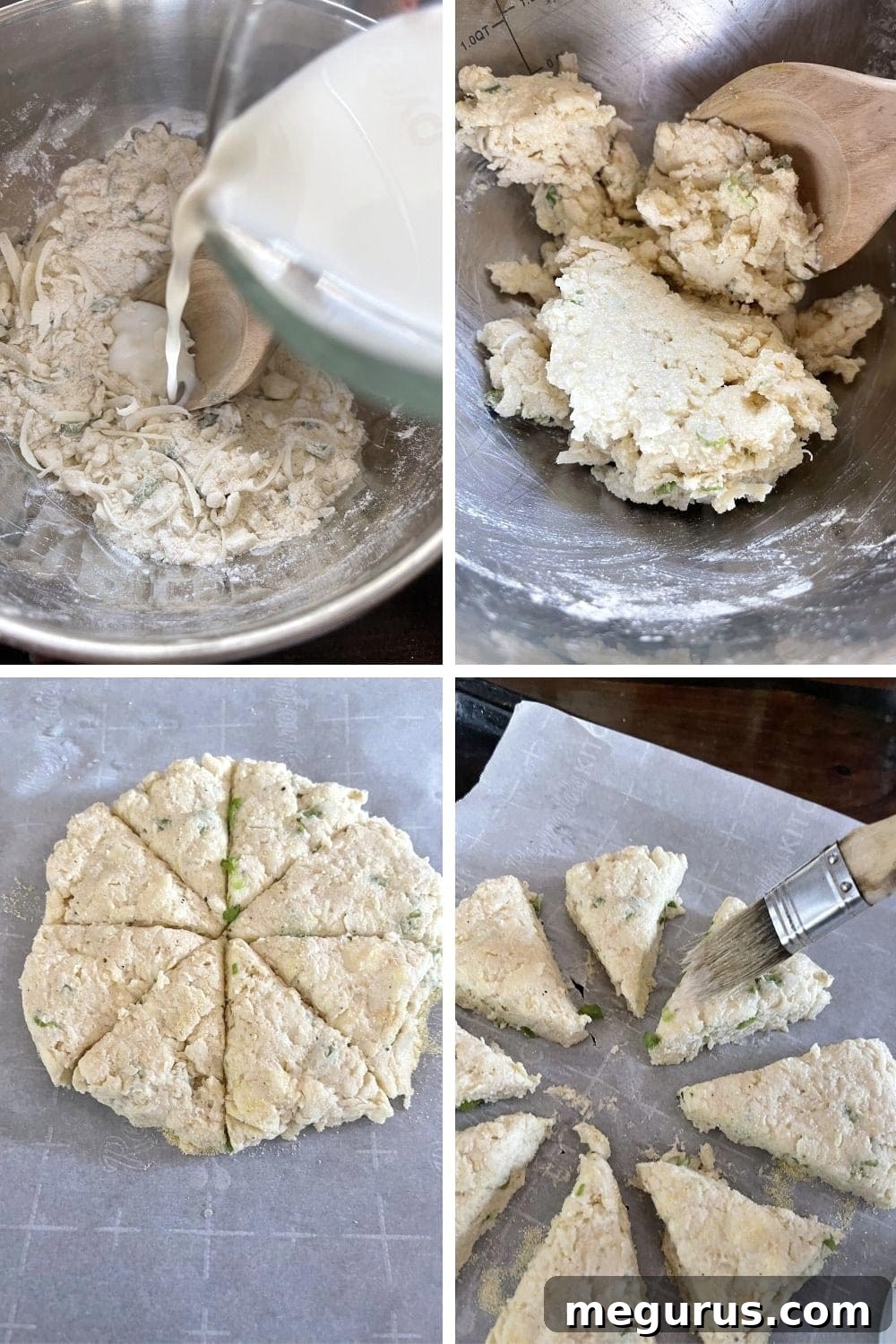 Visual steps: adding milk to dough, gently mixing, shaping, and cutting the cornmeal cheddar biscuit dough.