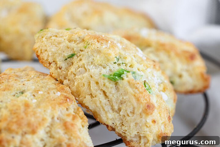 Delicious cheddar cornmeal biscuits on a cooling rack, golden and flaky.