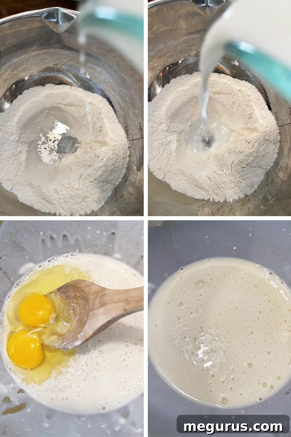 Photo collage showing the steps of mixing and resting Yorkshire pudding batter