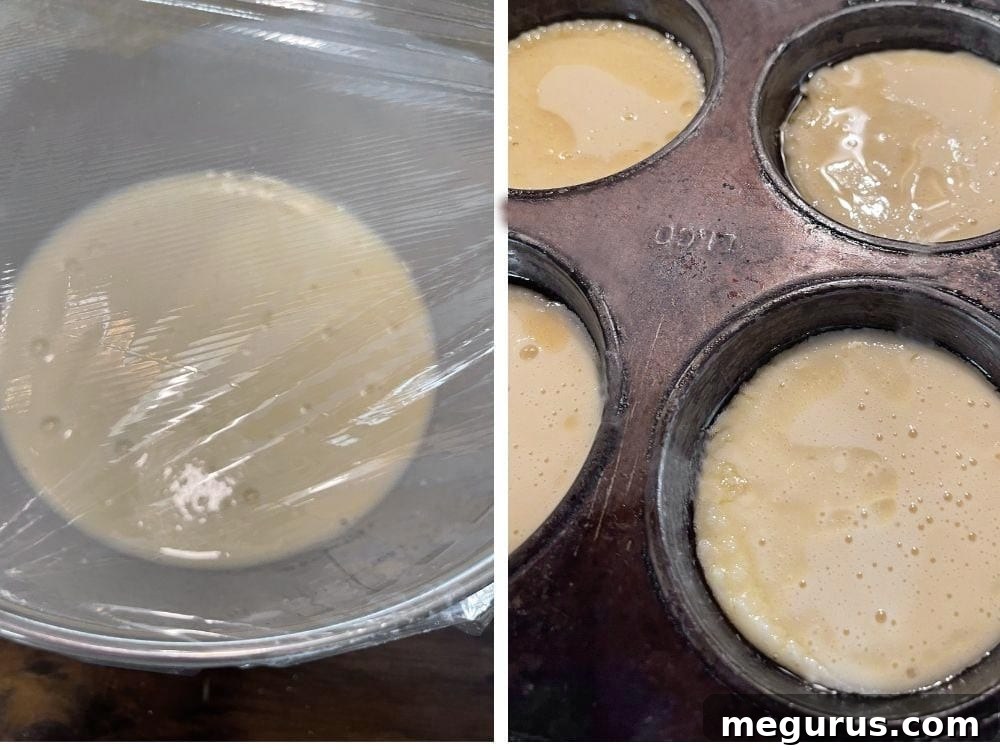 Photo collage showing the process of heating the pan and adding batter for Yorkshire pudding
