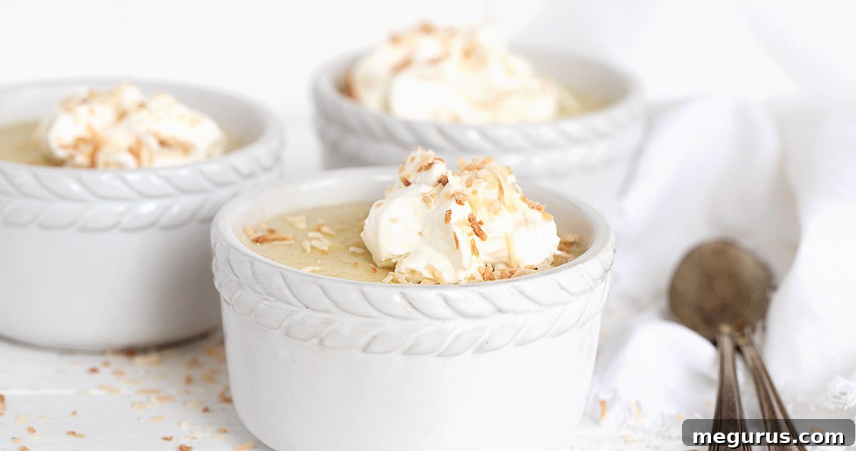 coconut cream pudding in white ramekins with spoons