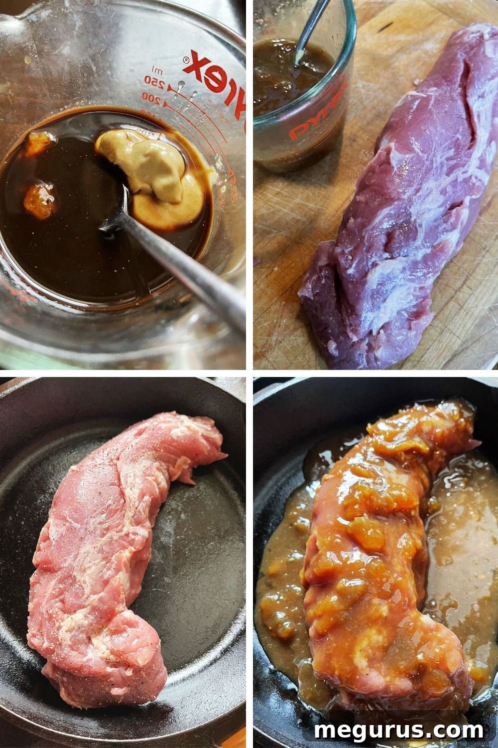 A photo collage illustrating the easy steps to prepare apricot glazed pork tenderloin, including mixing the sauce and preparing the meat.