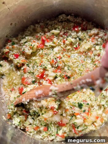 Chopped vegetables simmering in the brine.