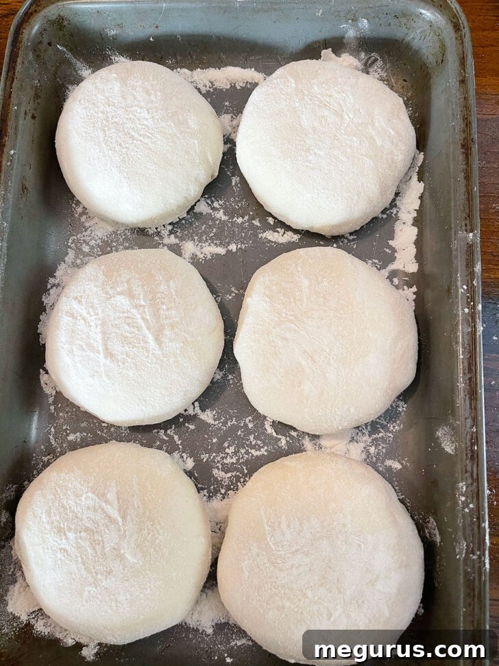 Blaa dough set to rise in the floured pan, snuggly arranged.