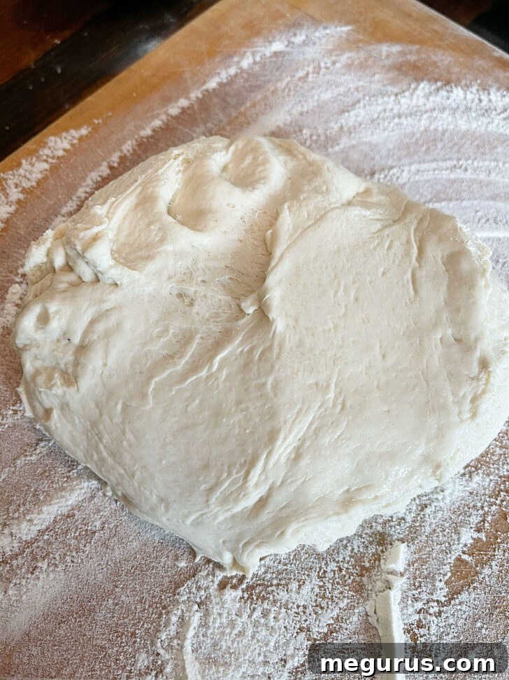 Dough on floured work surface after rising, ready for shaping.