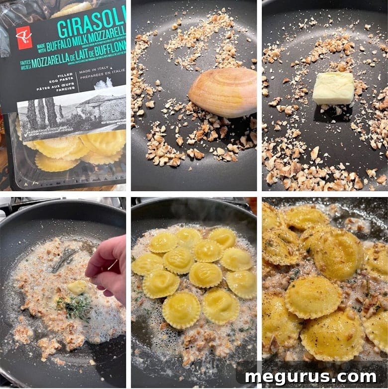 photo collage of steps to make brown butter and walnut ravioli