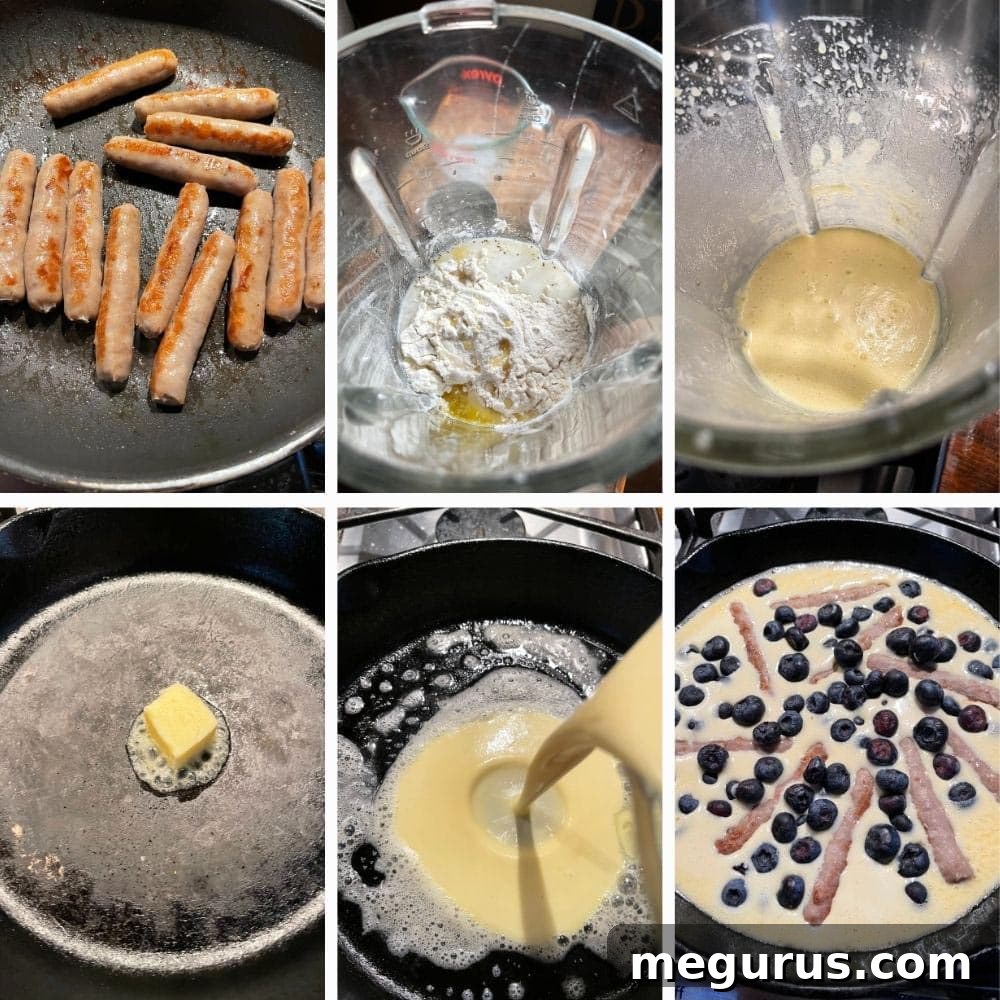 Photo collage illustrating the steps to prepare a blueberry sausage Dutch baby pancake in a cast iron skillet.