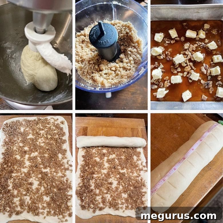 Step-by-step photo collage illustrating the dough preparation and rolling process for sticky buns.
