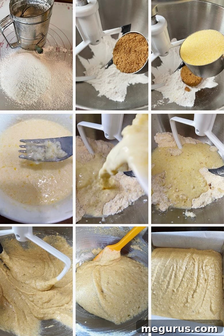 A photo collage illustrating the various stages of preparing Johnny Cake, from mixing ingredients to pouring batter into a pan.