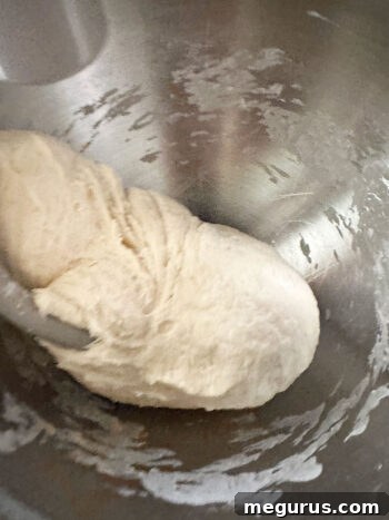Finished dough in stand mixer, perfectly mixed and cohesive