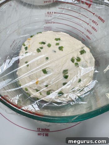 Bagel dough rising in a covered, greased bowl during its first proof