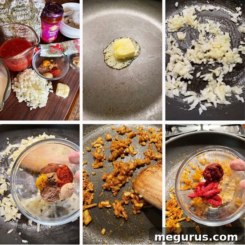 Step-by-step image collage showing onions sautéing and spices being added to a pan for Indian Butter Shrimp.