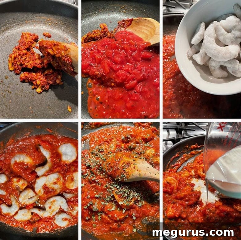 Step-by-step image collage showing crushed tomatoes and frozen shrimp being added to the simmering Indian butter sauce.