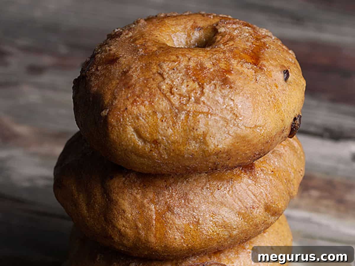 Stacked homemade pumpkin spice bagels with a rustic autumn background