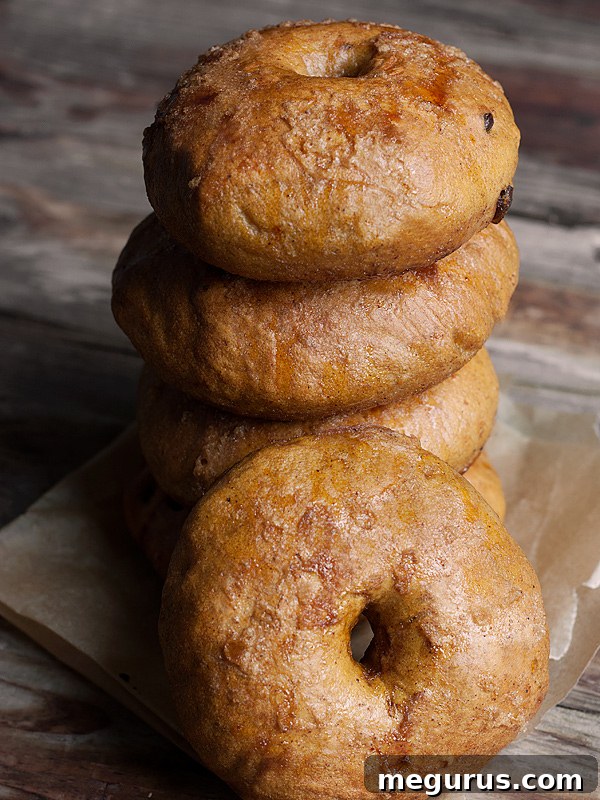Close-up of freshly baked pumpkin spice bagels