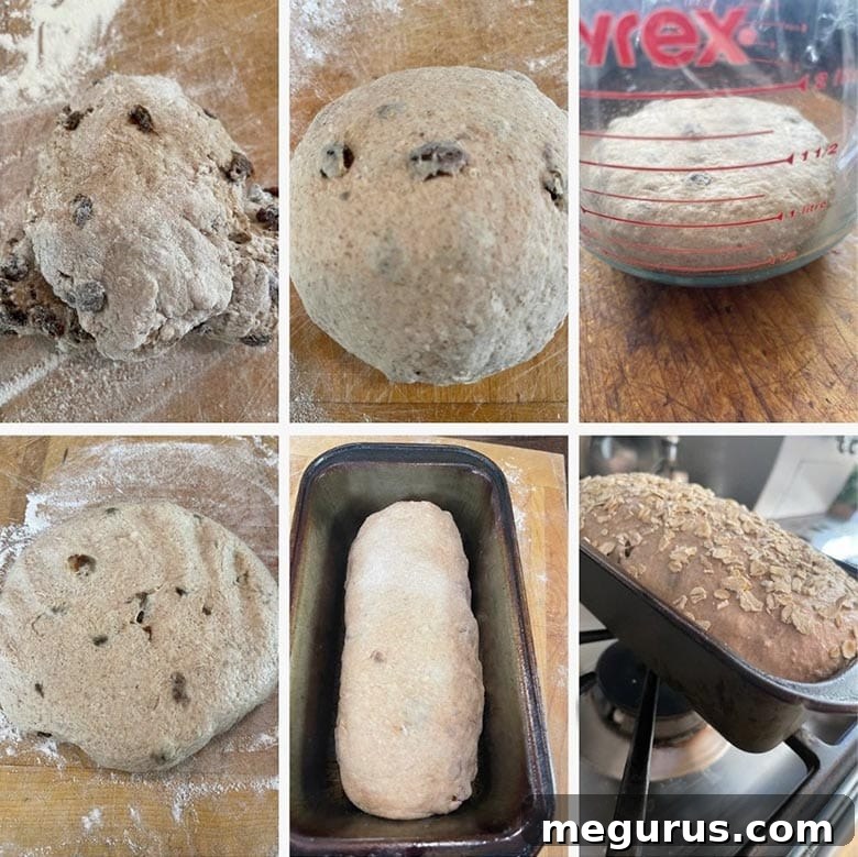 photo collage of steps to make cinnamon raisin oatmeal bread 1
