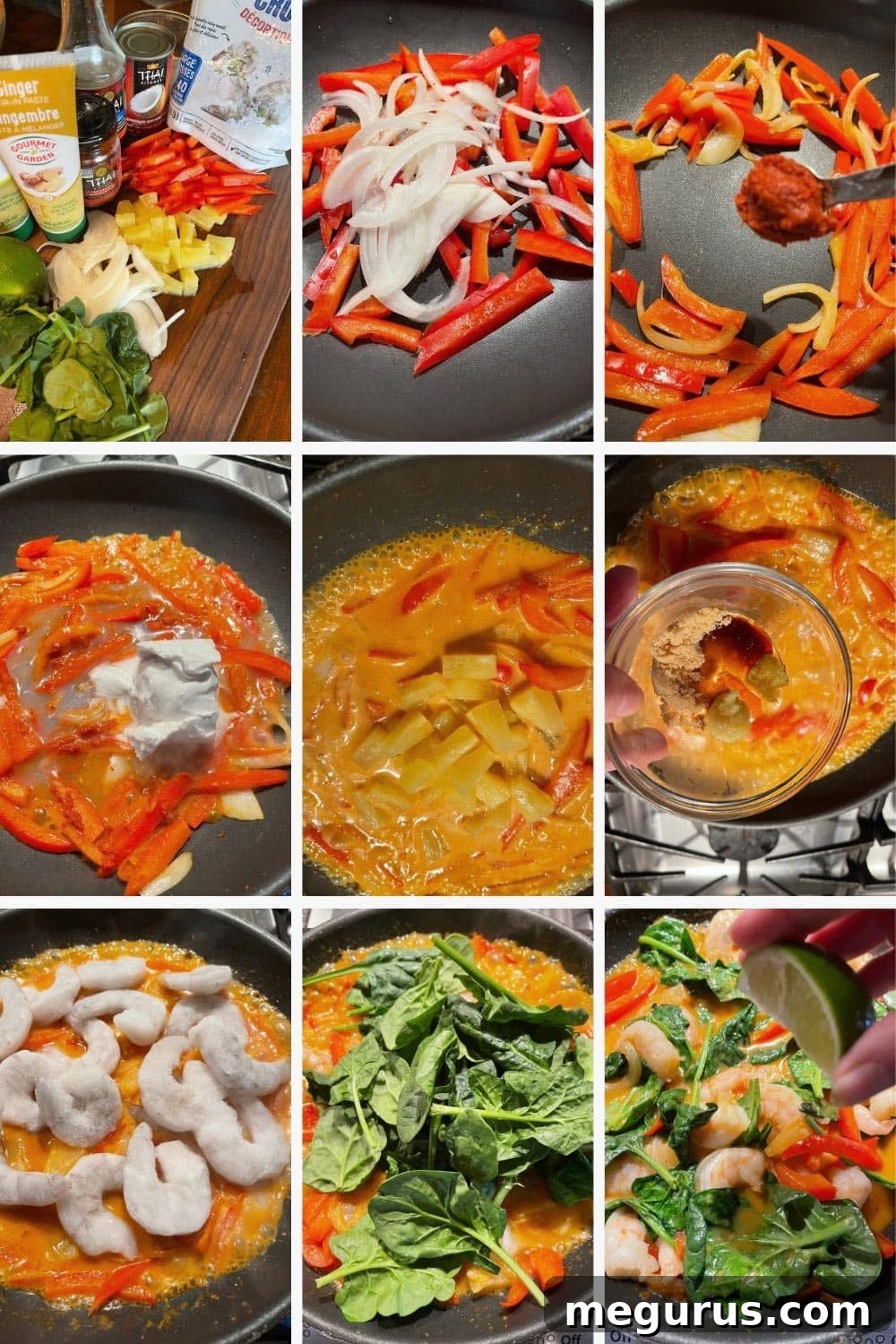 A photo collage showing the key steps to prepare Thai Red Curry Shrimp