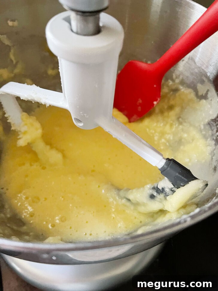 Scraping down the mixing bowl to ensure all ingredients are incorporated
