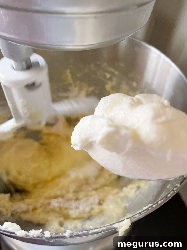 Adding plain yogurt to the cake batter mixture