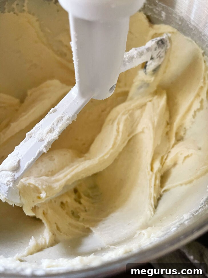 Smooth and creamy finished cake batter in the mixing bowl