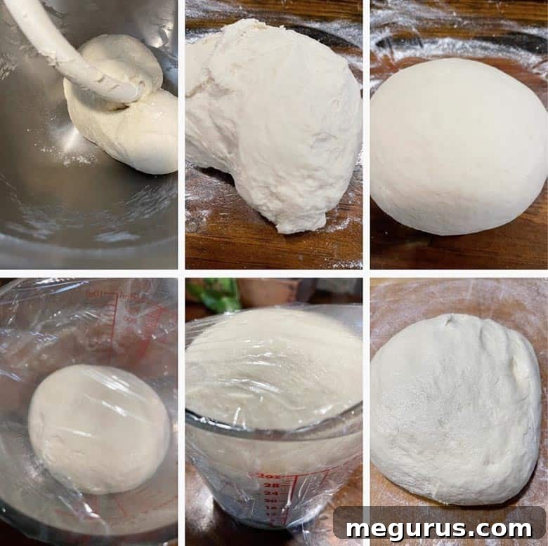 Photo collage showing the initial dough rise for Everything Bread.